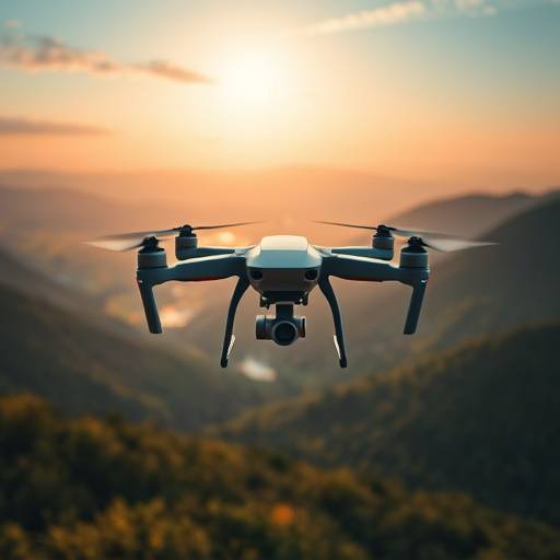 A drone flying over a scenic landscape, capturing aerial footage, representing aerial filming services.