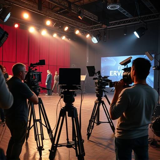 A film crew working on a sound stage with lighting equipment and cameras, representing studio rental services.