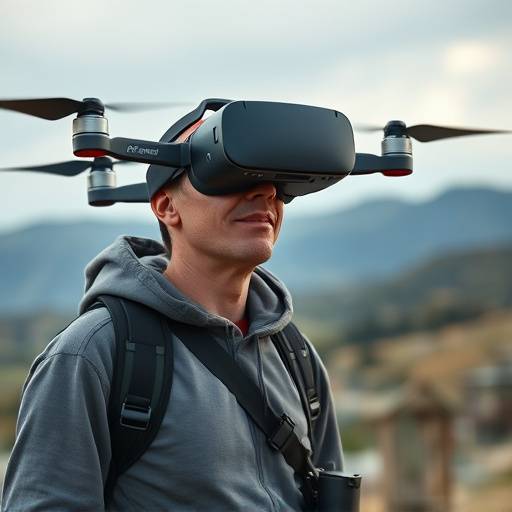 A location scout using drone footage and virtual reality to assess a remote filming location.