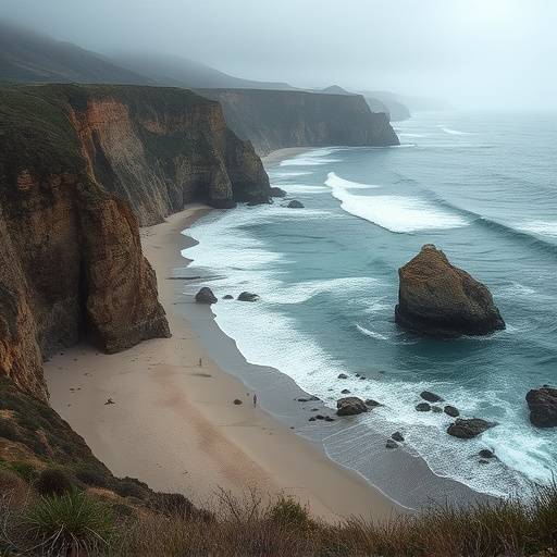 A secluded beach with dramatic cliffs and crashing waves on the Palos Verdes Peninsula, California.
