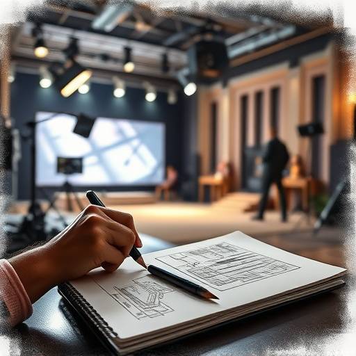 A set designer sketching a scene in a notebook on a film set, representing set design services.
