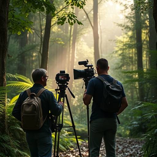 Eco-conscious film crew working on location in a lush forest, showcasing sustainable practices.