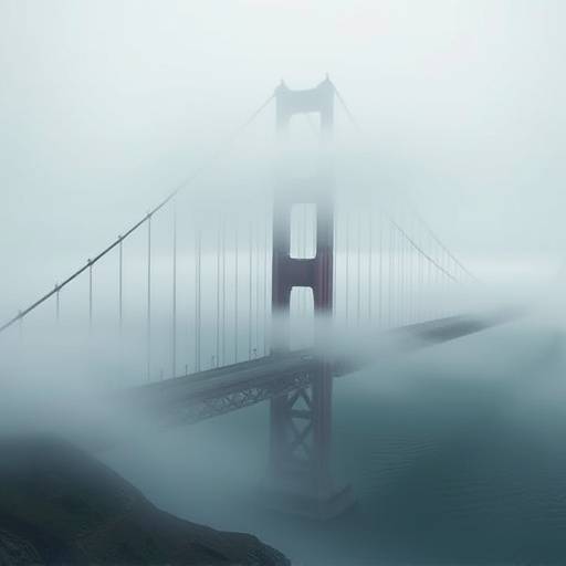 Golden Gate Bridge shrouded in fog, creating a mysterious and atmospheric scene.