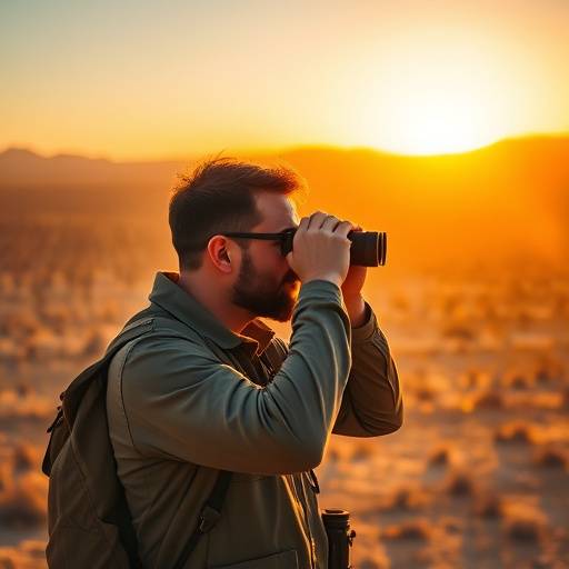 Man looking through binoculars in a vast desert, representing location scouting.