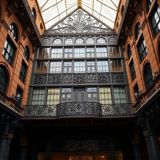 The art deco styled Bradbury Building in downtown Los Angeles, with ornate ironwork and natural light.