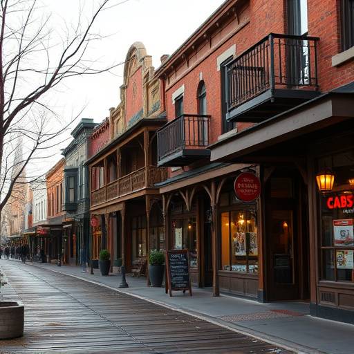 The historic streets of Old Town Sacramento, featuring wooden sidewalks and buildings from the Gold Rush era.