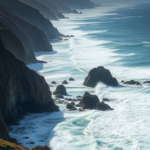 The rugged coastline of Big Sur, California, with crashing waves and rocky cliffs.