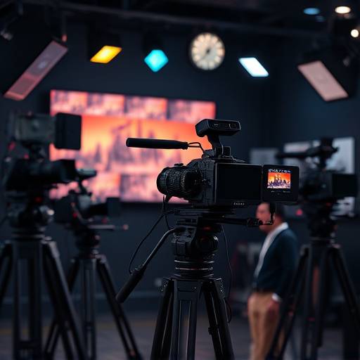 Variety of professional film equipment, including cameras, lighting, and sound gear, on display, representing equipment rental.