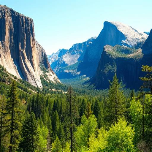 Yosemite Valley with El Capitan and Half Dome in the background, surrounded by lush green forests.